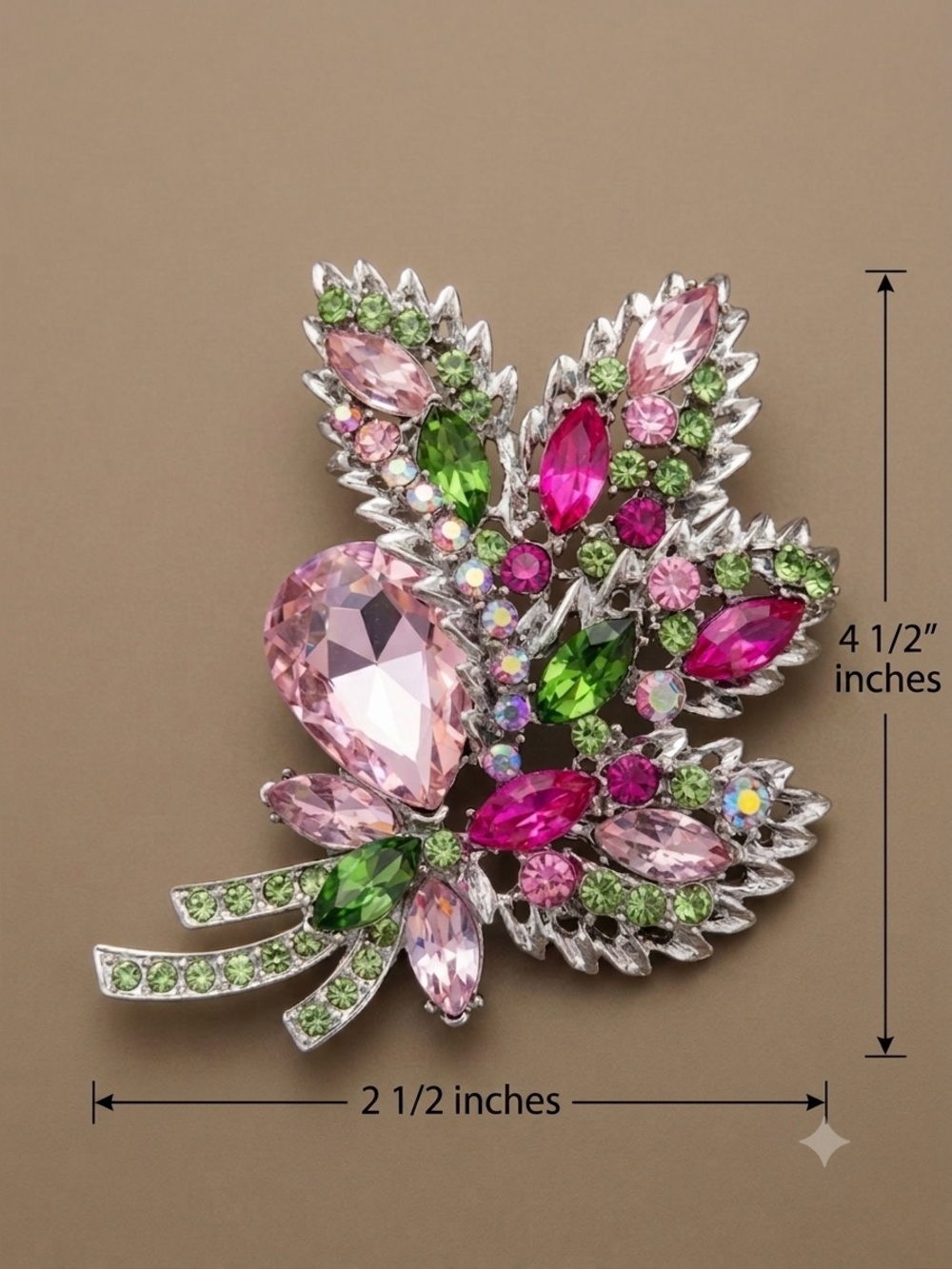 Pink & Green Crystal Floral Brooch - Women Jewelry - Picture 2 of 2